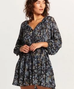 OLIVACEOUS BOTANICAL LONG SLEEVE DRESS