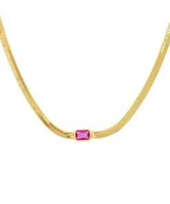 JEWELRY TAI GOLD HERRINGBONE CHAIN WITH PINK GLASS ACCENT