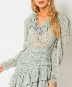 NEW ARRIVALS OLIVACEOUS MIST RUFFLE CHIFFON DRESS