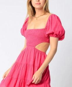 NEW ARRIVALS OLIVACEOUS GAUZE SMOCKING CUTOUT MINI DRESS