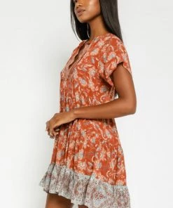 NEW ARRIVALS OLIVACEOUS RUSTY FLORAL DRESS