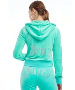 NEW ARRIVALS JUICY COUTURE OG BLING VELOUR HOODIE BERMUDA SKY
