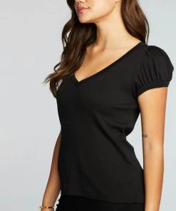 CHASER VINTAGE RIB DEEP V PUFF SLEEVE TEE