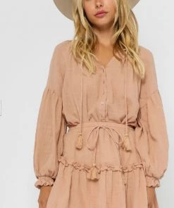 OLIVACEOUS GAUZE DRAWSTRING PEASANT TOP