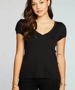 CHASER VINTAGE RIB DEEP V PUFF SLEEVE TEE