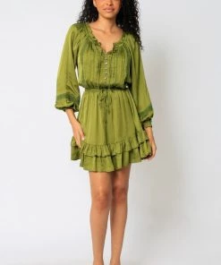 OLIVACEOUS OLIVINE SATIN RUFFLE DRESS NEW ARRIVALS
