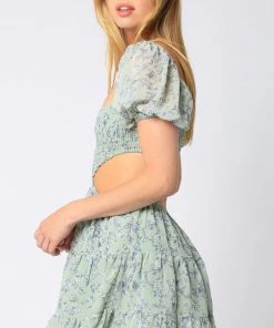 OLIVACEOUS NEW ARRIVALS OLIVAEOUS FLORAL SMOCKED MINI CUTOUT DRESS