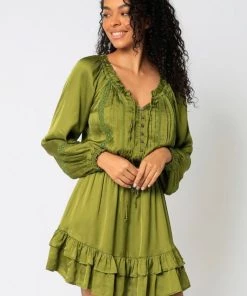 OLIVACEOUS OLIVINE SATIN RUFFLE DRESS NEW ARRIVALS