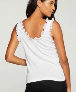 CHASER JERSEY MESH RUFFLE DOUBLE SCOOP TANK TOPS