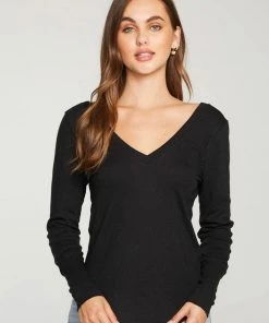 NEW ARRIVALS CHASER LINEN RIB DOUBLE V LONG SLEEVE TEE