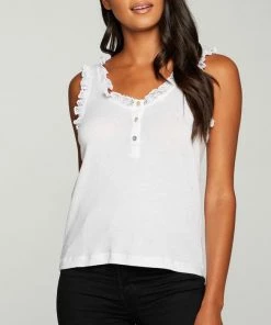 CHASER JERSEY MESH RUFFLE DOUBLE SCOOP TANK TOPS