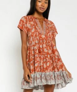 NEW ARRIVALS OLIVACEOUS RUSTY FLORAL DRESS
