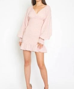 DRESSES OLIVACEOUS SMOCKED LAVENDER PEACH L/S DRESS