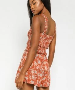 NEW ARRIVALS OLIVACEOUS RUSTY FLORAL SMOCKED TANK