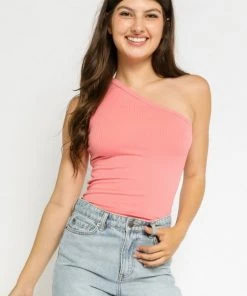 OLIVACEOUS RIBBED ONE SHOULDER TANK