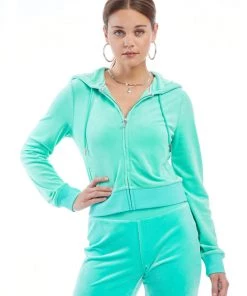 NEW ARRIVALS JUICY COUTURE OG BLING VELOUR HOODIE BERMUDA SKY