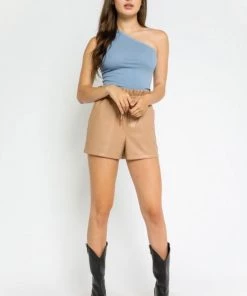 OLIVACEOUS RIBBED ONE SHOULDER TANK