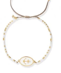 TAI WHITE GLASS BEAD BRACELET W/ANCHOR CHARM