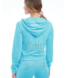JUICY COUTURE OG BLING VELOUR HOODIE BLUE CRUSH