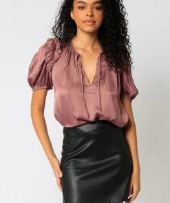 NEW ARRIVALS OLIVACEOUS SATIN RUFFLE TOP