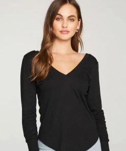 NEW ARRIVALS CHASER LINEN RIB DOUBLE V LONG SLEEVE TEE