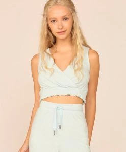 NEW ARRIVALS OCEAN DRIVE TERRY CLOTH SURPLICE TOP W/ SMOCKED WAIST