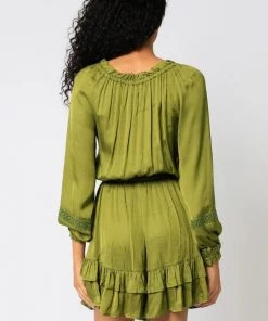OLIVACEOUS OLIVINE SATIN RUFFLE DRESS NEW ARRIVALS