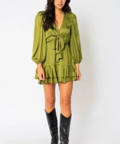 OLIVACEOUS SATIN TIE DRESS OIVINE NEW ARRIVALS