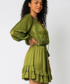OLIVACEOUS OLIVINE SATIN RUFFLE DRESS NEW ARRIVALS