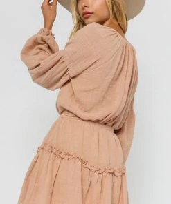 OLIVACEOUS GAUZE DRAWSTRING PEASANT TOP