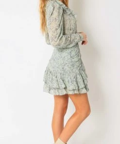 NEW ARRIVALS OLIVACEOUS MIST RUFFLE CHIFFON DRESS