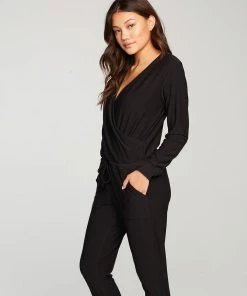 CHASER COZY KNIT LONG SLEEVE SURPLICE JUMPSUIT NEW ARRIVALS