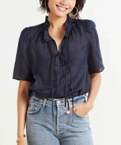 FRAME TIE NECK RUFFLE POPOVER TOP