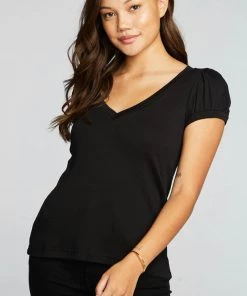 CHASER VINTAGE RIB DEEP V PUFF SLEEVE TEE
