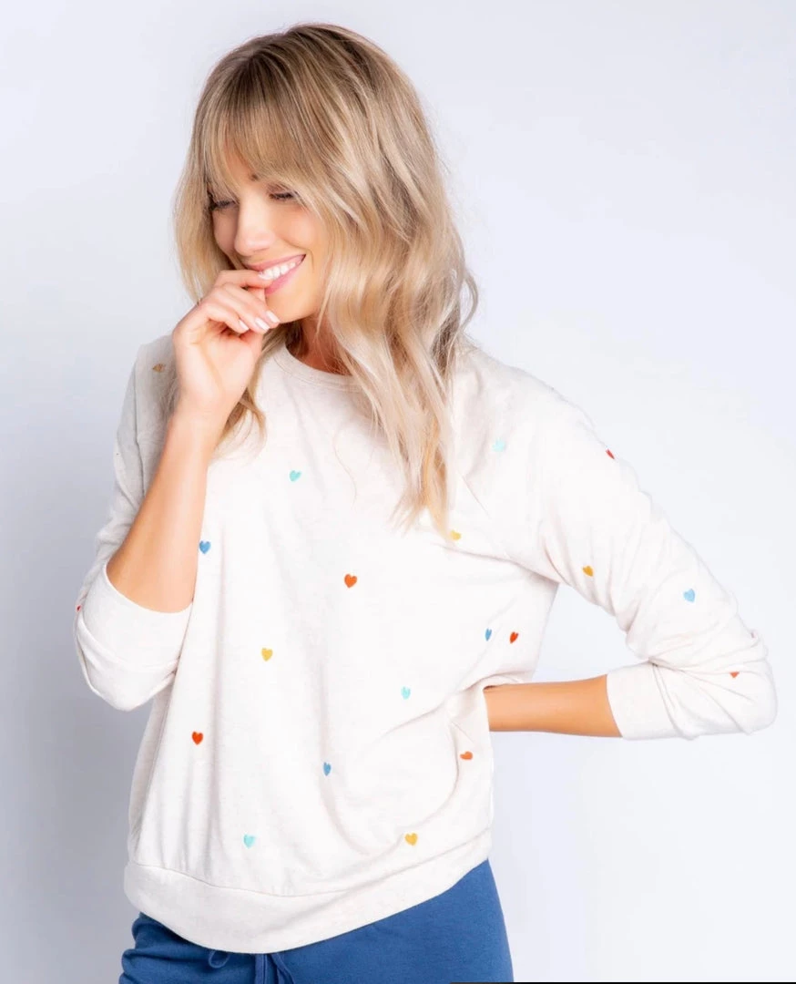 P.J. SALVAGE HEART PRINT OATMEAL PULLOVER SWEATERS & KNITS 4 P.J. SALVAGE HEART PRINT OATMEAL PULLOVER SWEATERS & KNITS