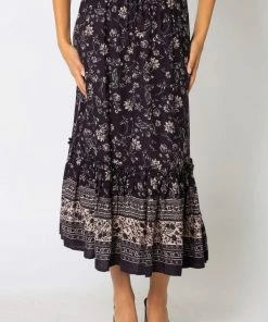 OLIVACEOUS MIDNIGHT FLORAL MIDI SKIRT