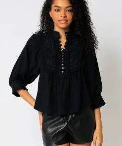 NEW ARRIVALS OLIVACEOUS CROCHET PEASANT BLOUSE