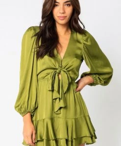 OLIVACEOUS SATIN TIE DRESS OIVINE NEW ARRIVALS