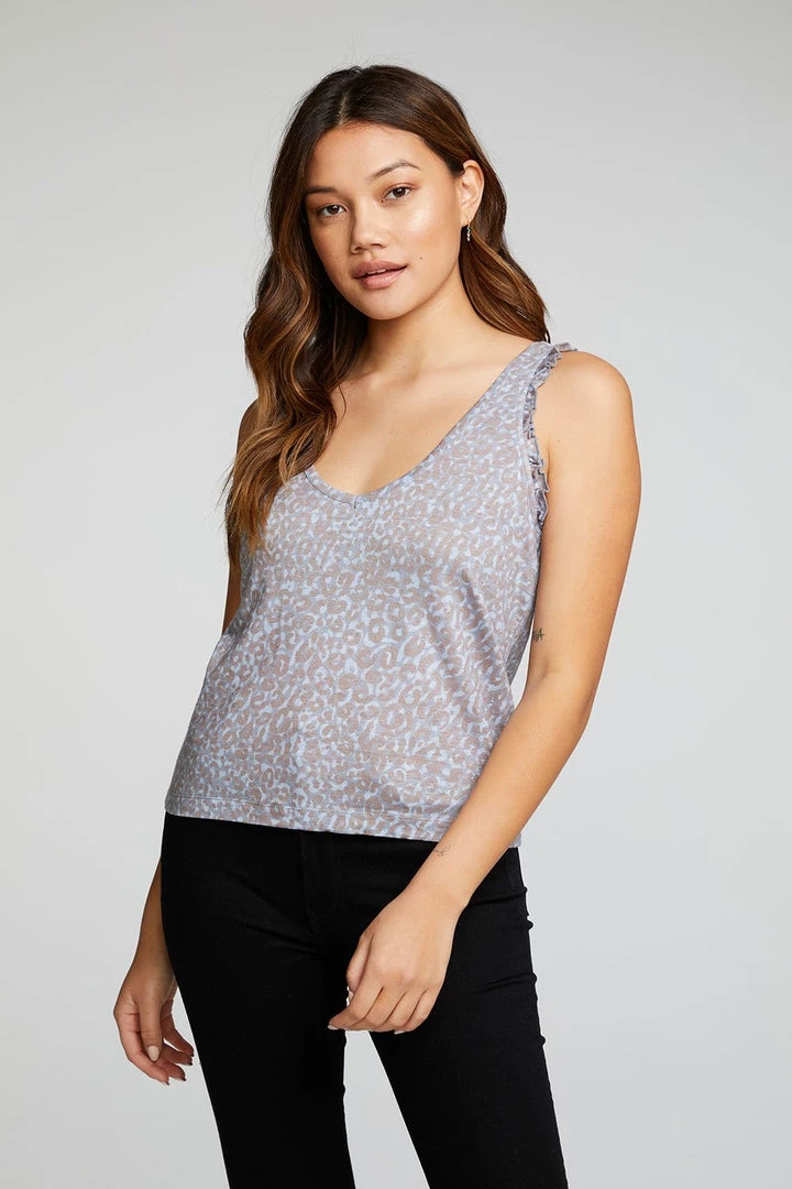 TOPS CHASER BLUE CHEETAH RUFFLE TANK 3 TOPS CHASER BLUE CHEETAH RUFFLE TANK