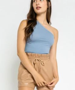 OLIVACEOUS RIBBED ONE SHOULDER TANK