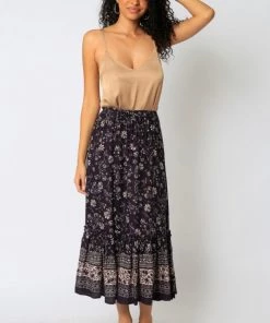 OLIVACEOUS MIDNIGHT FLORAL MIDI SKIRT