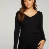 CHASER RPET VINTAGE RIB LONG SLEEVE DEEP V NECK TEE WITH SHIRRING