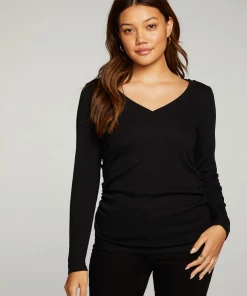 CHASER RPET VINTAGE RIB LONG SLEEVE DEEP V NECK TEE WITH SHIRRING