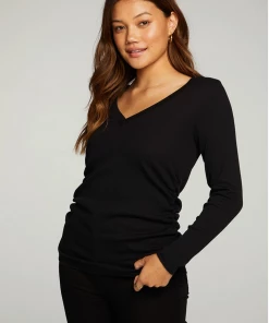 CHASER RPET VINTAGE RIB LONG SLEEVE DEEP V NECK TEE WITH SHIRRING