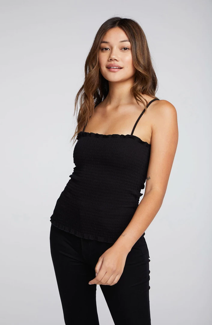 NEW ARRIVALS CHASER RIB SM0CKED RUFFLE CAMI TOP 3 NEW ARRIVALS CHASER RIB SM0CKED RUFFLE CAMI TOP